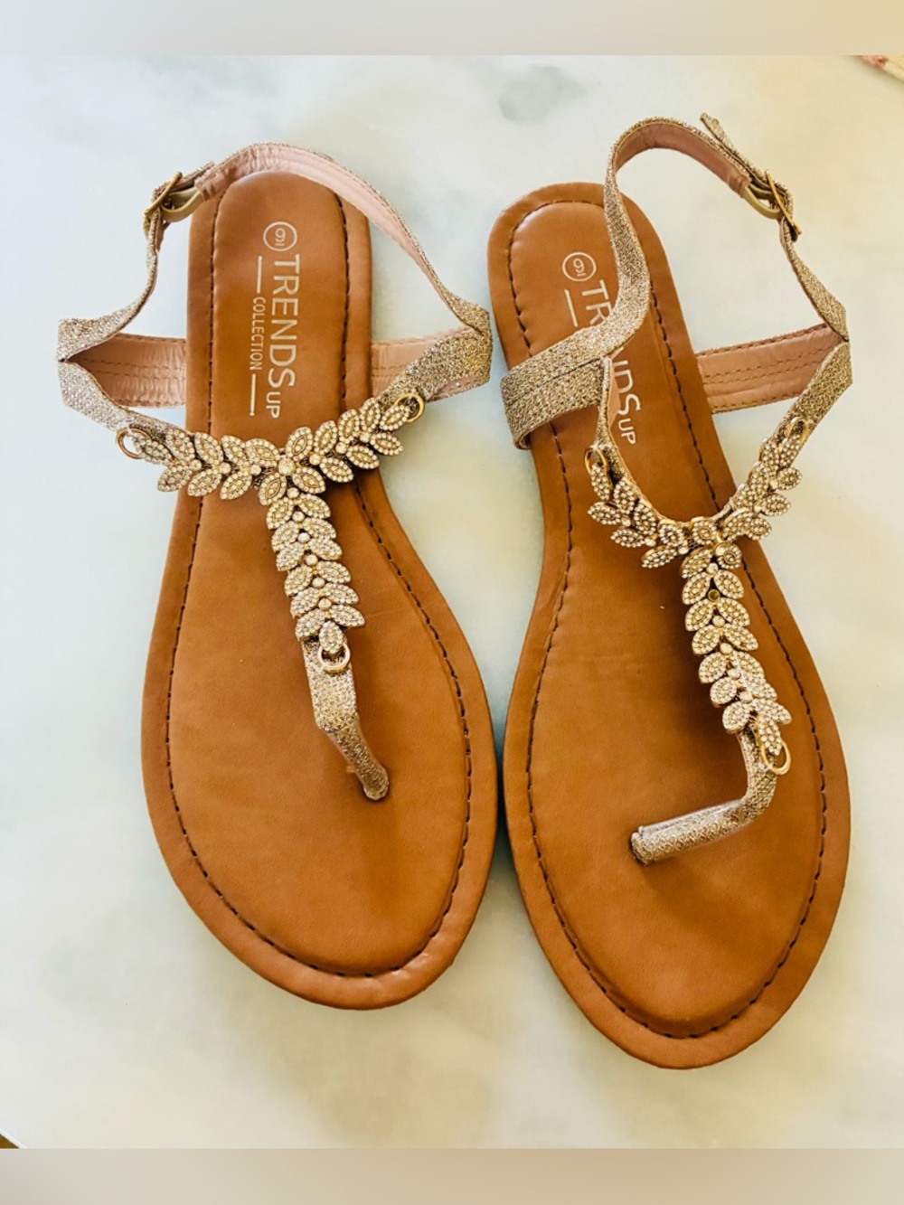 Women's Gold T-Strap Embellished Sandals Trendsup size 9